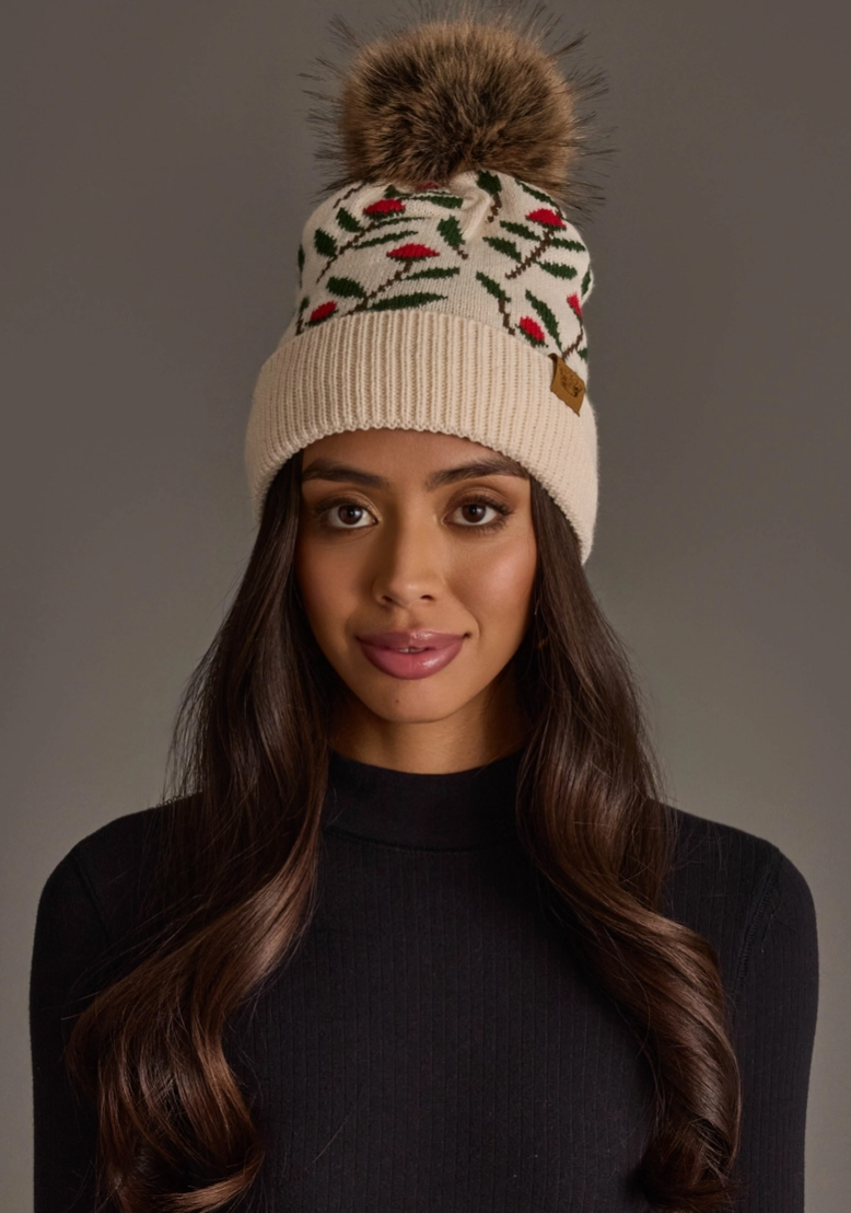 Cream Floral Pattern Knit Pom Hat