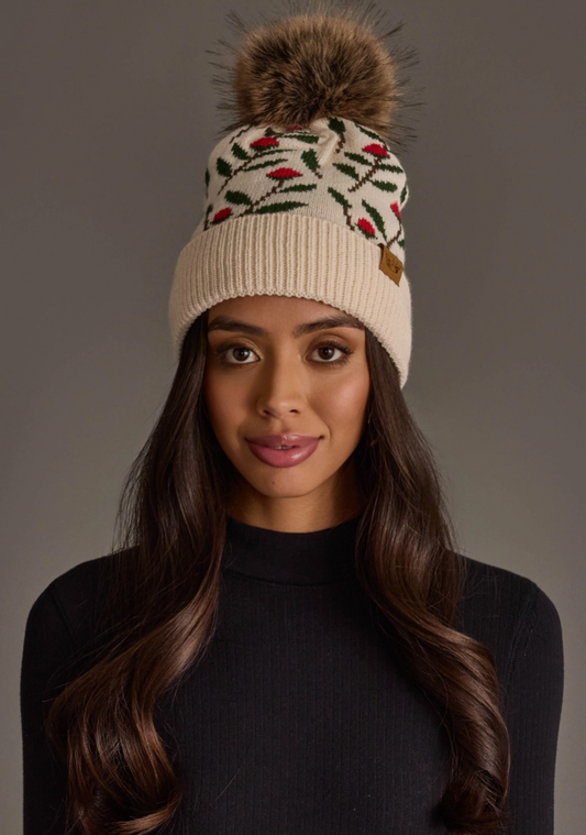 Cream Floral Pattern Knit Pom Hat