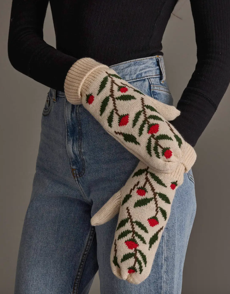Cream Floral Pattern Knit Mittens