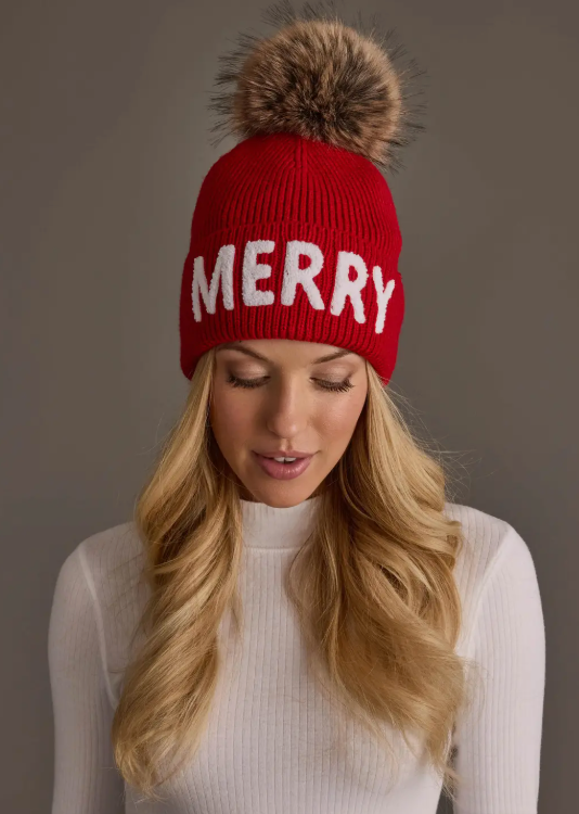 Red Merry Knit Pom Hat