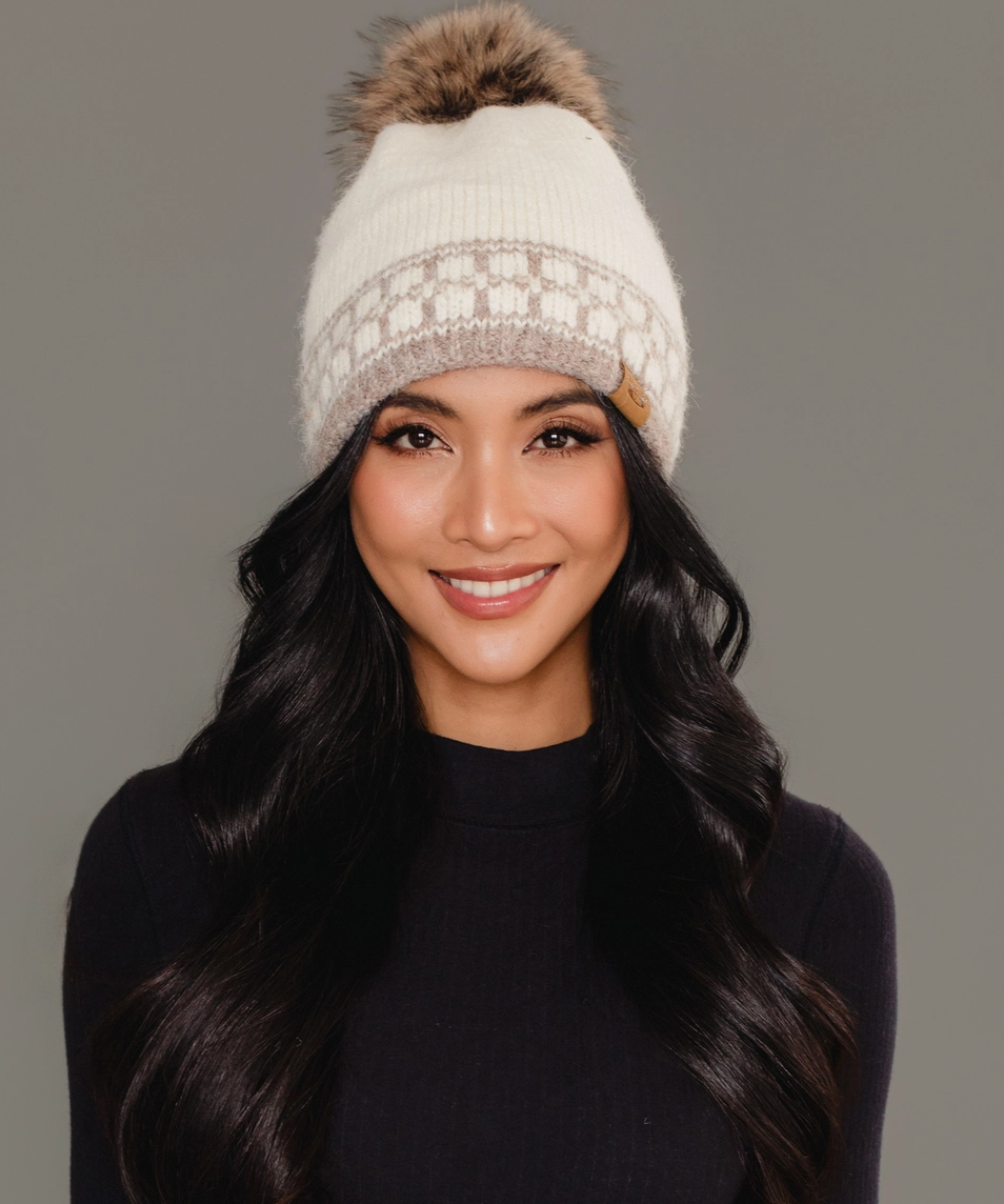 Ivory & Taupe Pattern Pom Hat