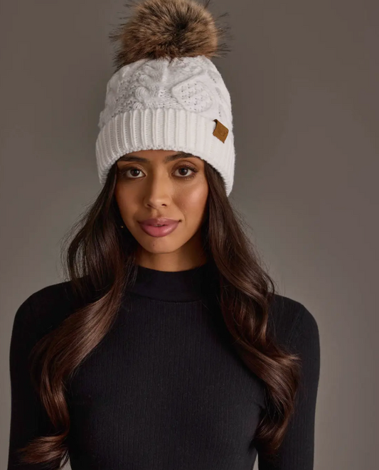 Cable Knit Pom Hat in White or Grey