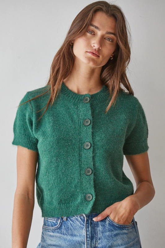 Button Down Short Sleeve Knit Sweater in Blue-Grey or Green