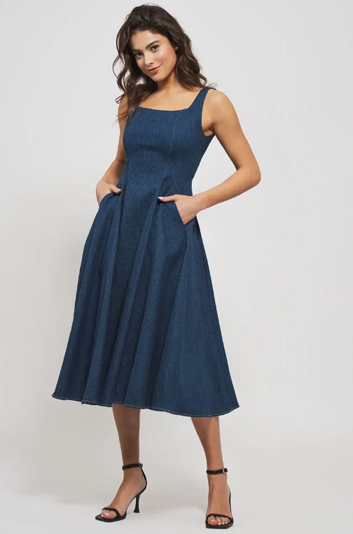 Square Neck Denim A Line Midi Dress