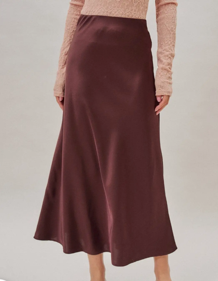 Bias Cut Satin Skirt in Brown