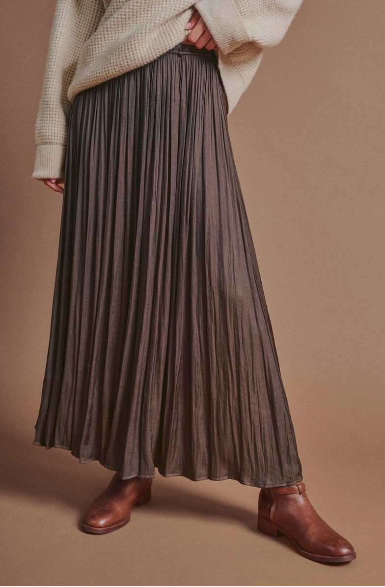 Washed Satin Crinkle Skirt in Brown or Olive