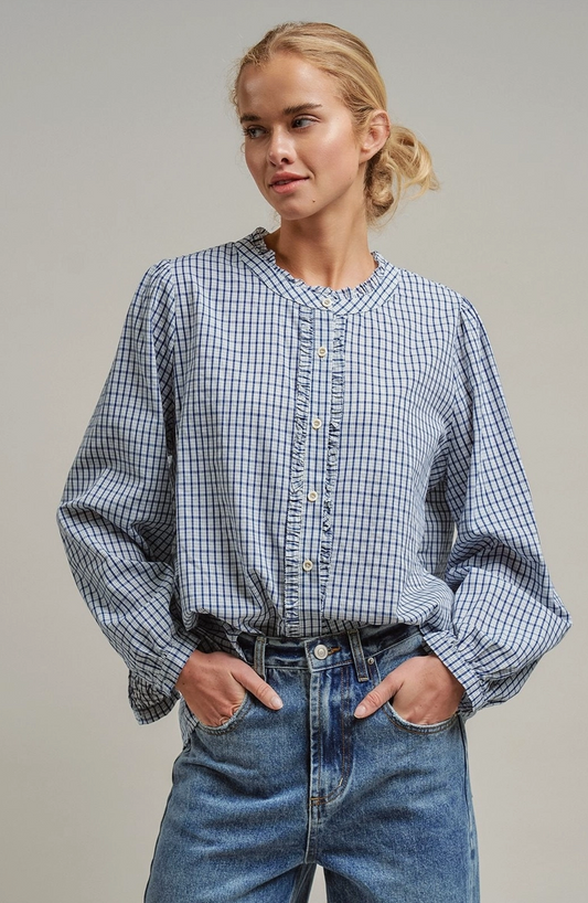 Navy Window Pane checked Ruffle Blouse