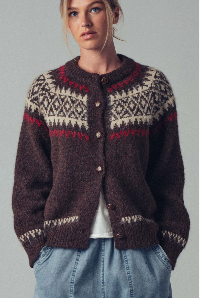Fair Isle Nordic Toggle Sweater in Brown