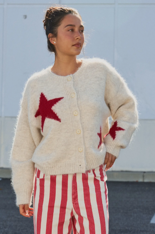 Fuzzy Star Knit button Up Cardigan Sweater