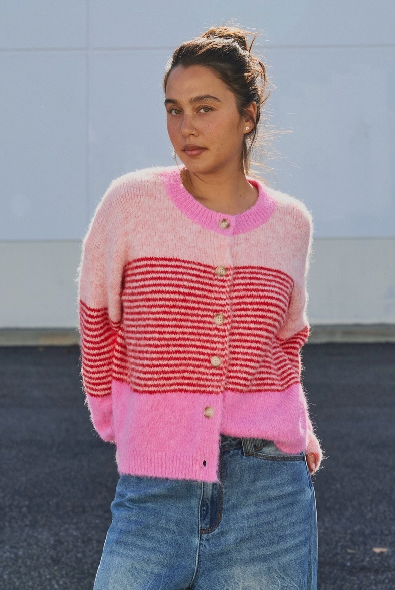 Stripe Fuzzy Cardigan Pink