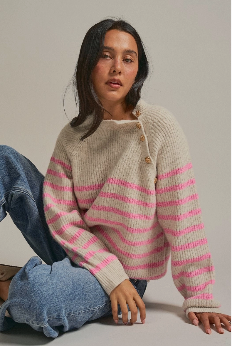 Striped Mock Sweater with Gold Buttons in Cream or Navy