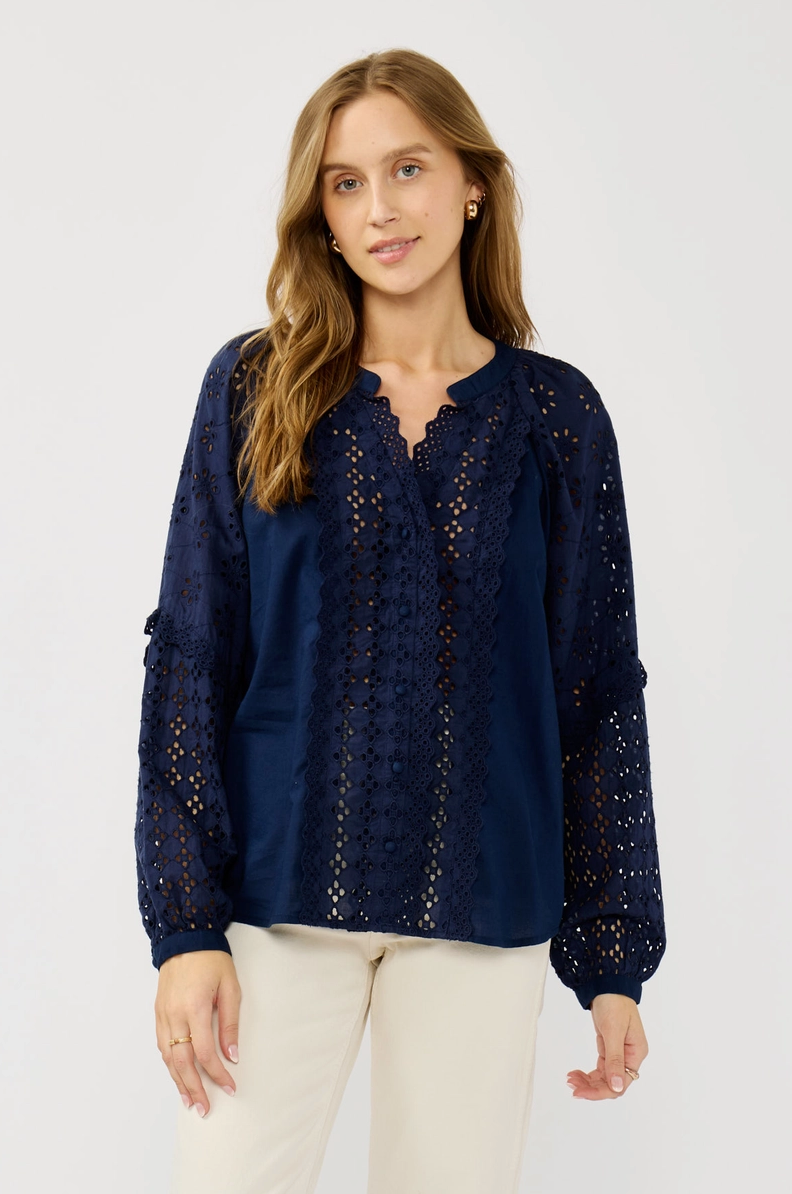 Eyelet Button Down Blouse in Navy