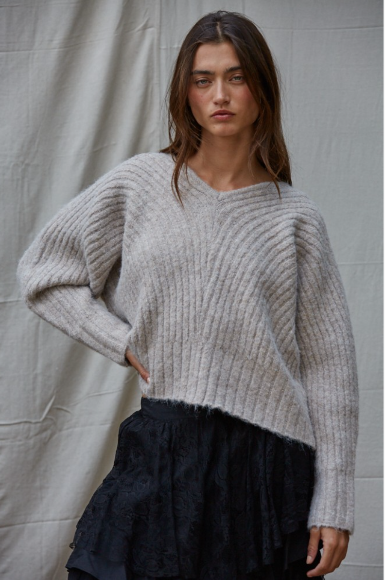 Knit Ribbed V Neck Sweater