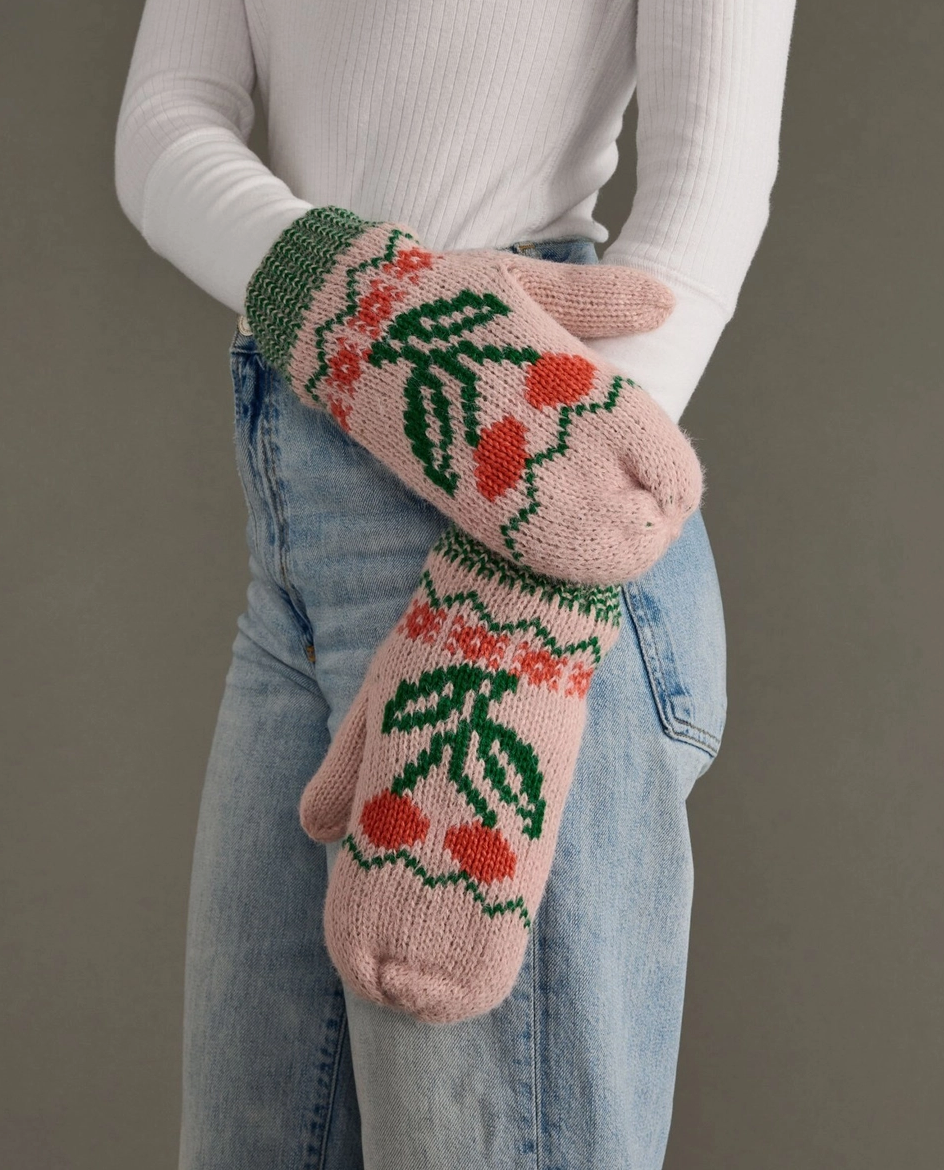 Pink Cherry Pattern Mittens