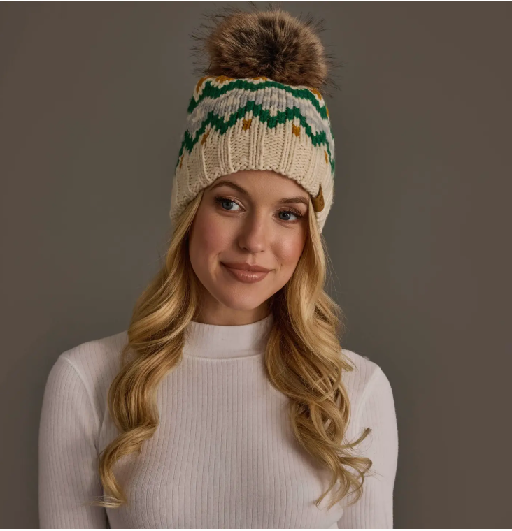 Cream, gold and green pattern Pom hat
