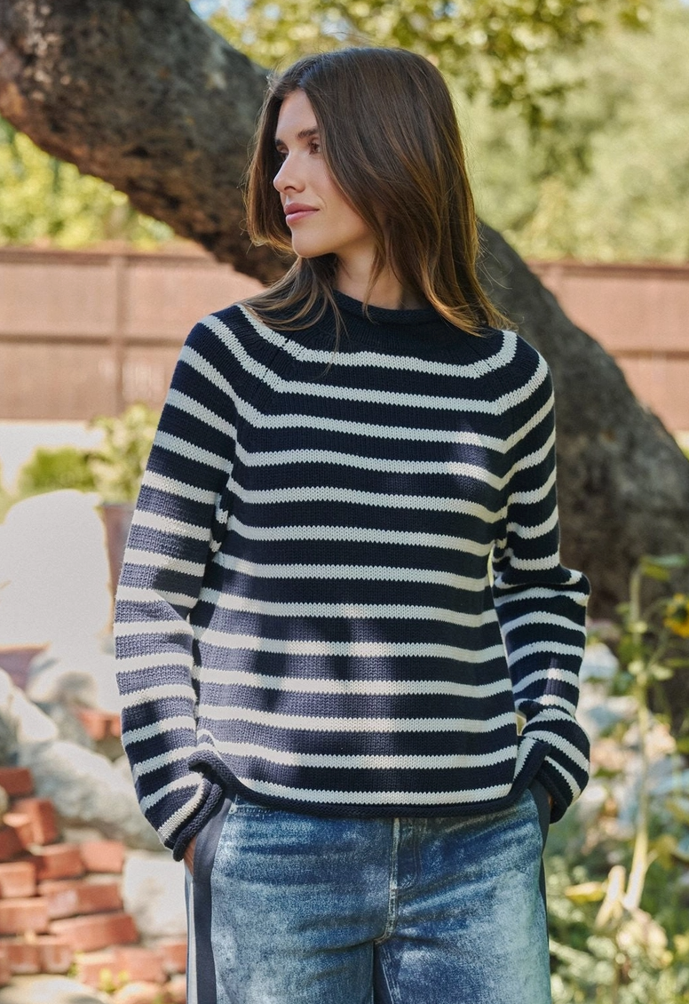 Striped Mock Neck Cotton Sweater