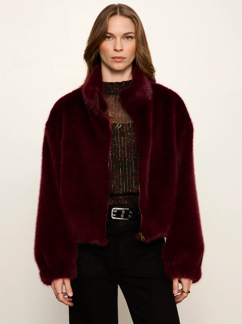 Everest Faux Fur Bomber in Bordeaux