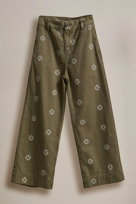 Cross Stitch Embroidered Pants in Olive