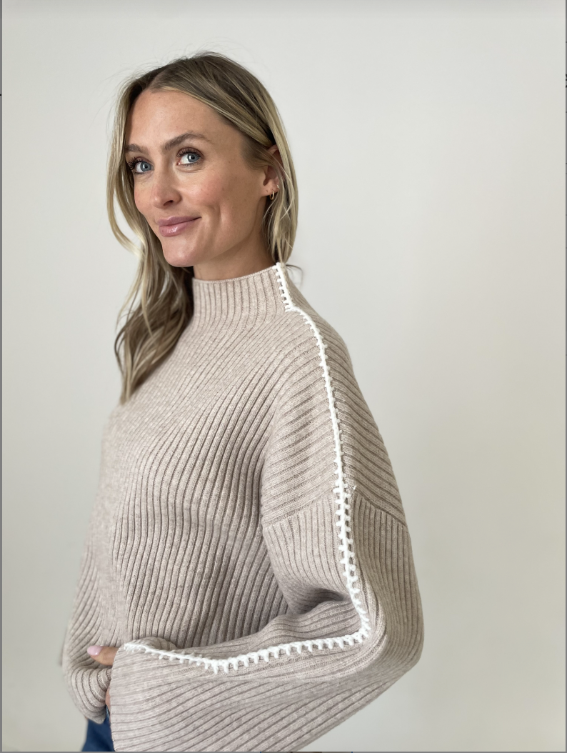Mock Neck Contrast Stitch Sweater