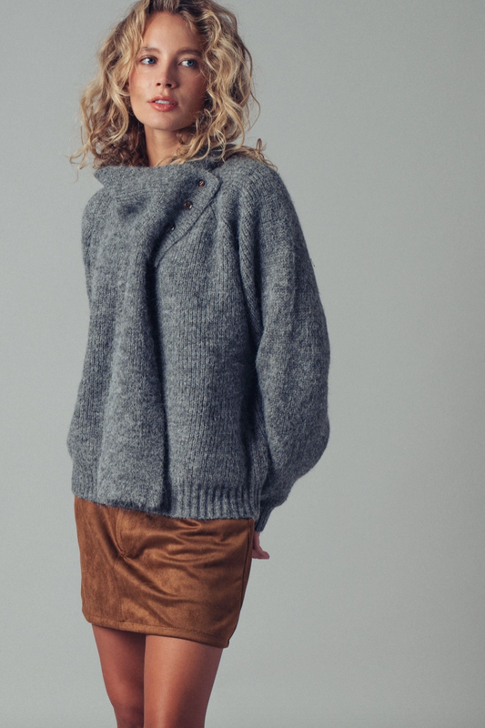 Ribbed Knit Sweater with Detachable Scarf (Grey or Cream)