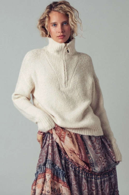 Textured Quarter Zip Fold Collar Sweater (Ivory or Sage)