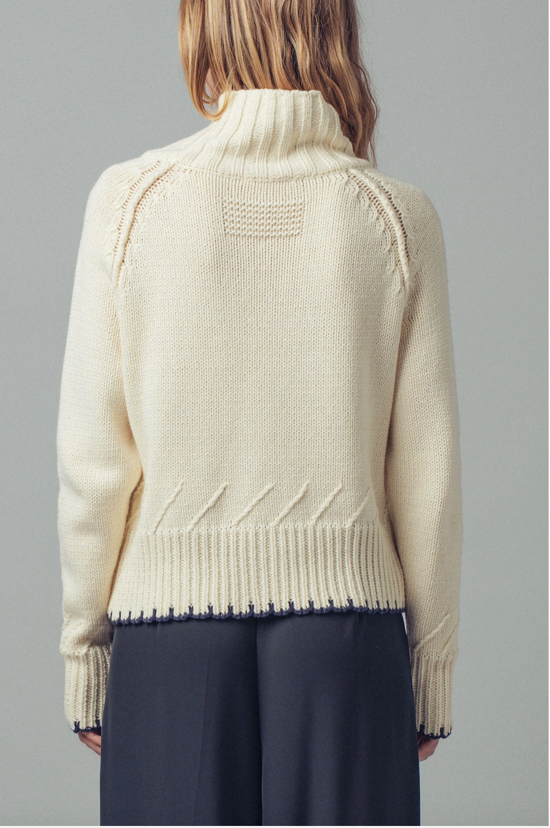 Contrast Trim Zip Sweater in Cream