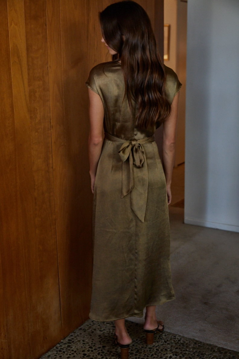 Satin Cross front Tie Maxi Dress in Olive Gold