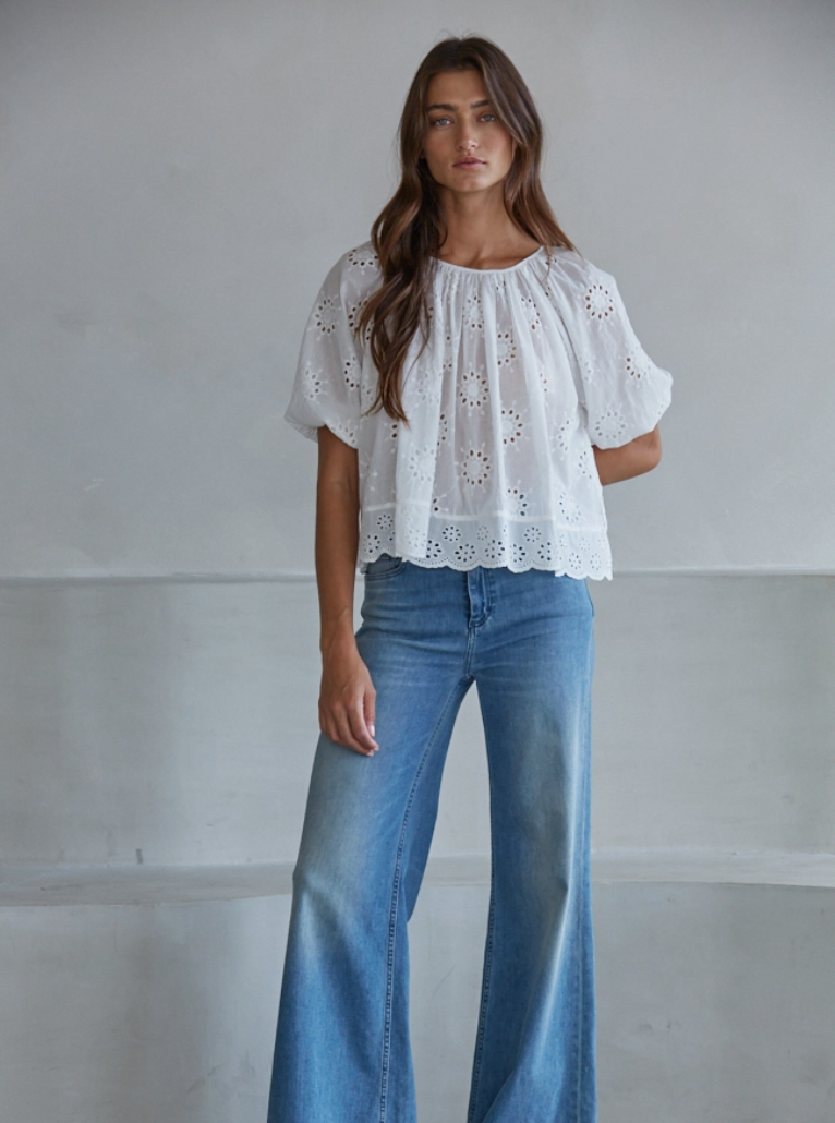 Woven Eyelet Round Neck Top