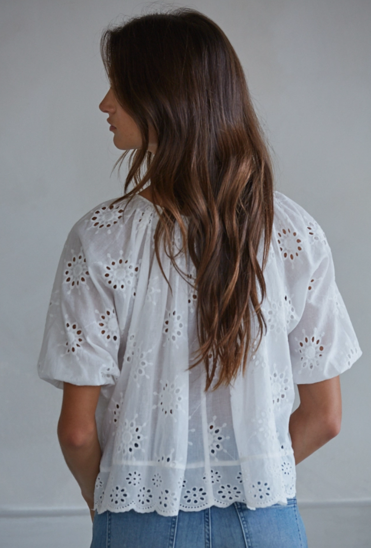 Woven Eyelet Round Neck Top