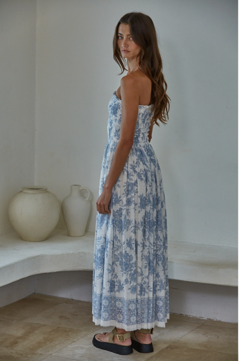 Woven Cotton Rayon Floral Strapless Dress