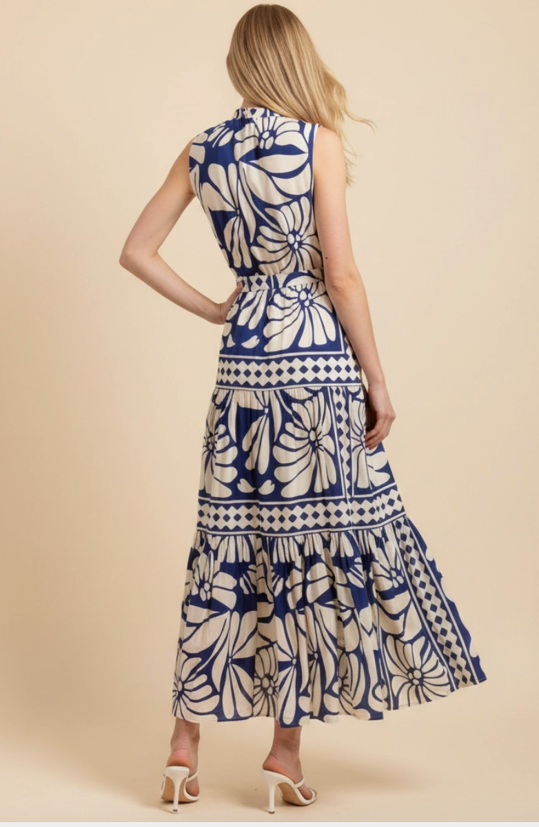 Floral Maxi Dress in Blue and White