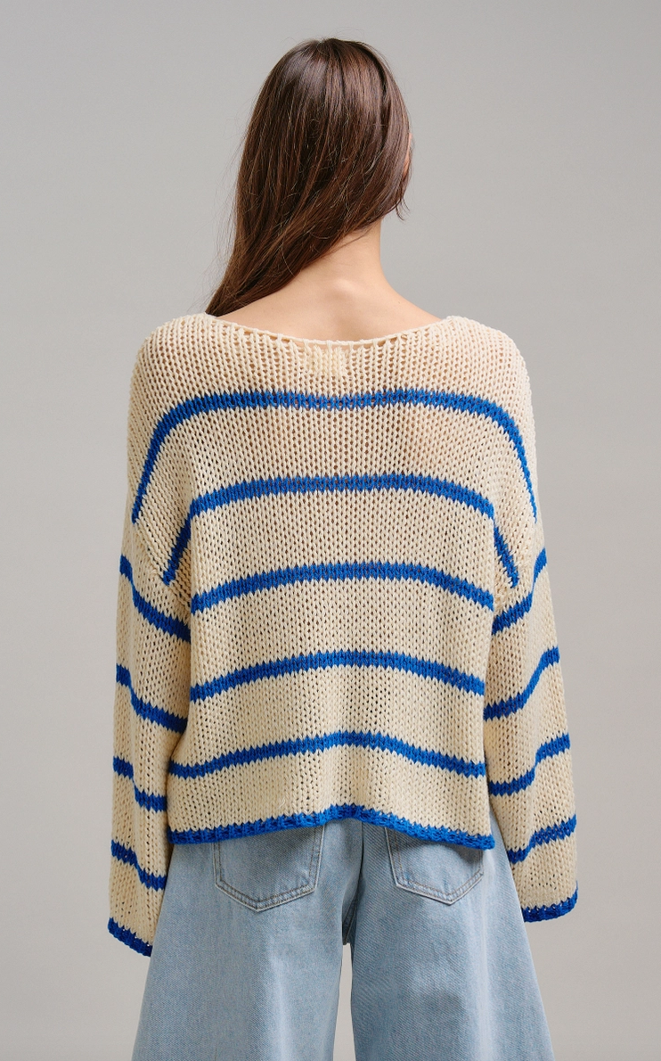 Open Knit Slouchy Sweater in Cream/Blue Stripe