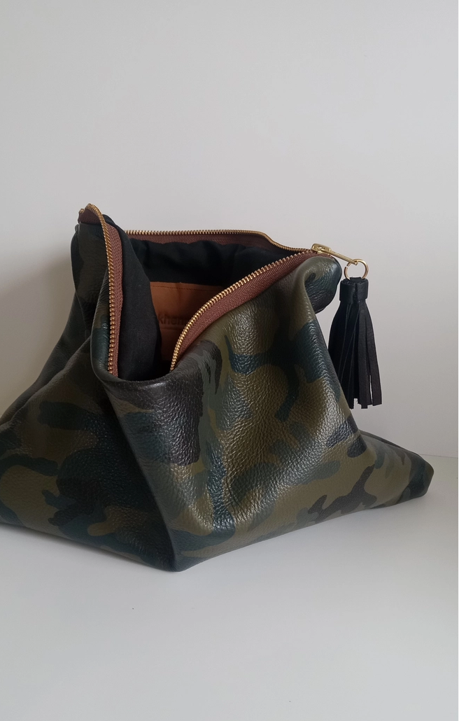 Large Camo Leather Clutch with Long Knotted Tassel