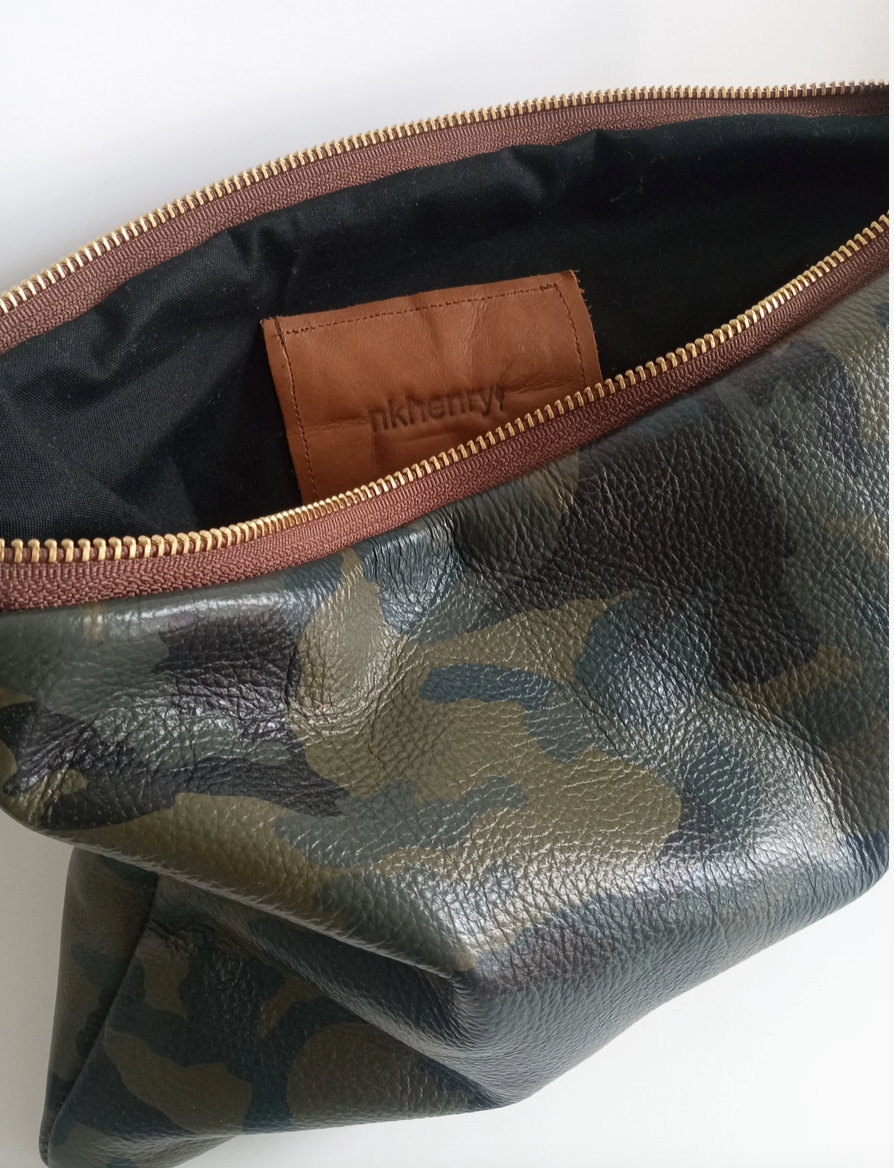 Large Camo Leather Clutch with Long Knotted Tassel