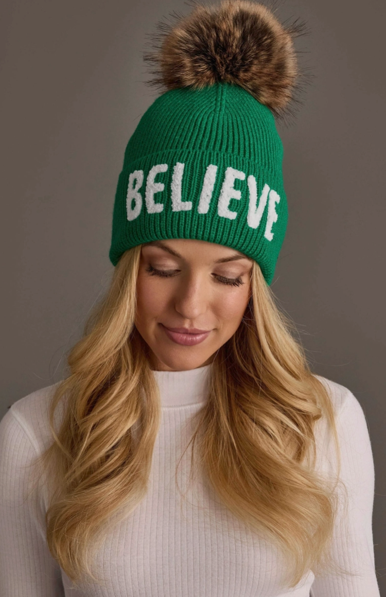 Believe Knit Pom Hat in Red or Green