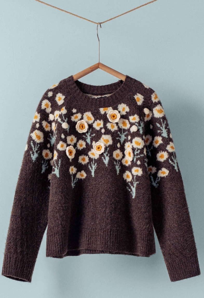 3D Floral Sweater in Brown