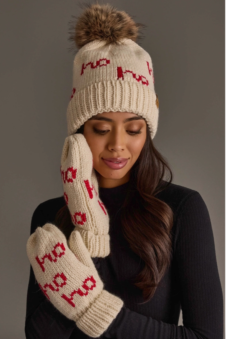 Ho Ho Ho Pom Pom Hat Beige/Red