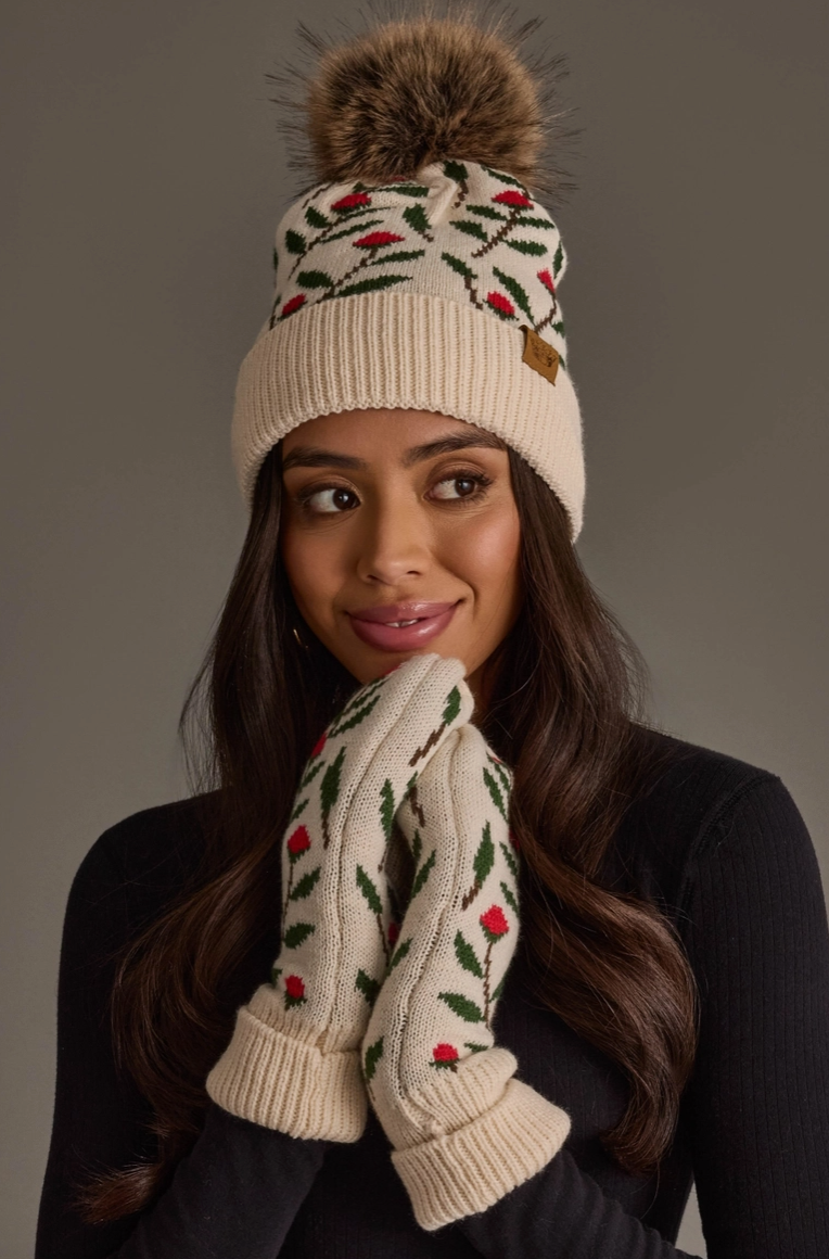 Cream Floral Pattern Knit Mittens