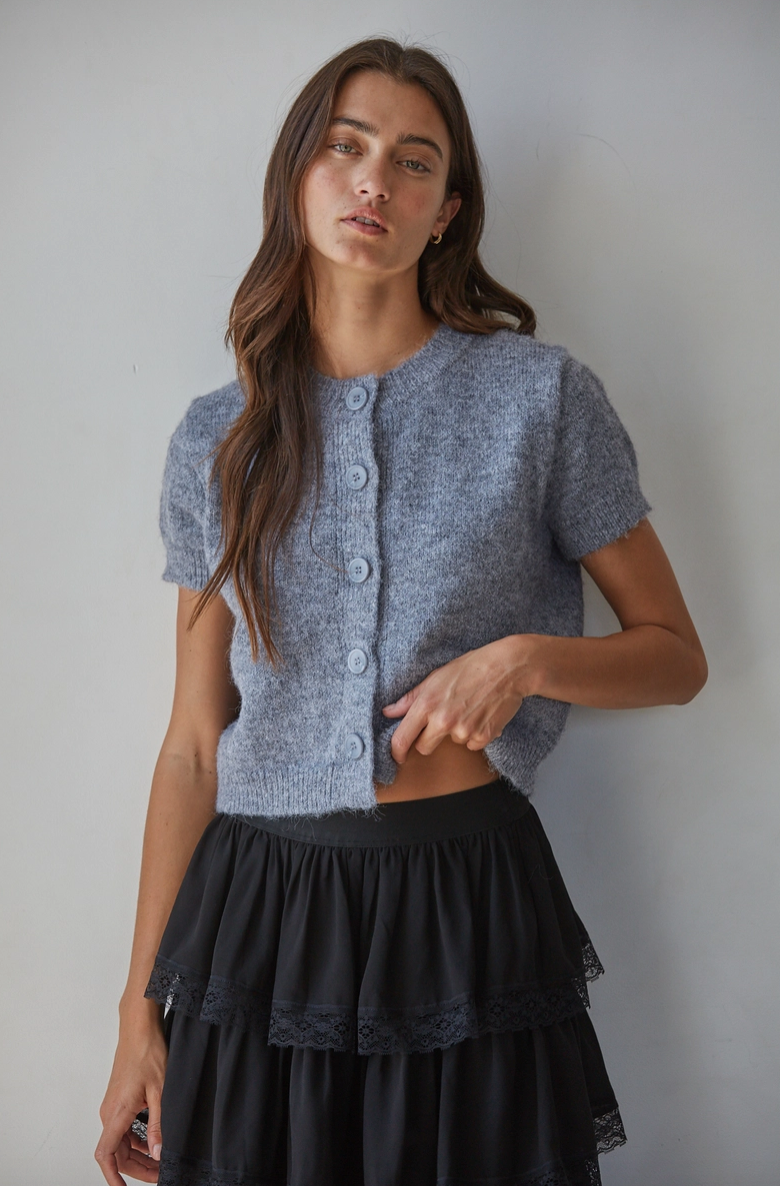 Button Down Short Sleeve Knit Sweater in Blue-Grey or Green