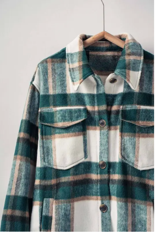 Plaid button Down Jacket in Green