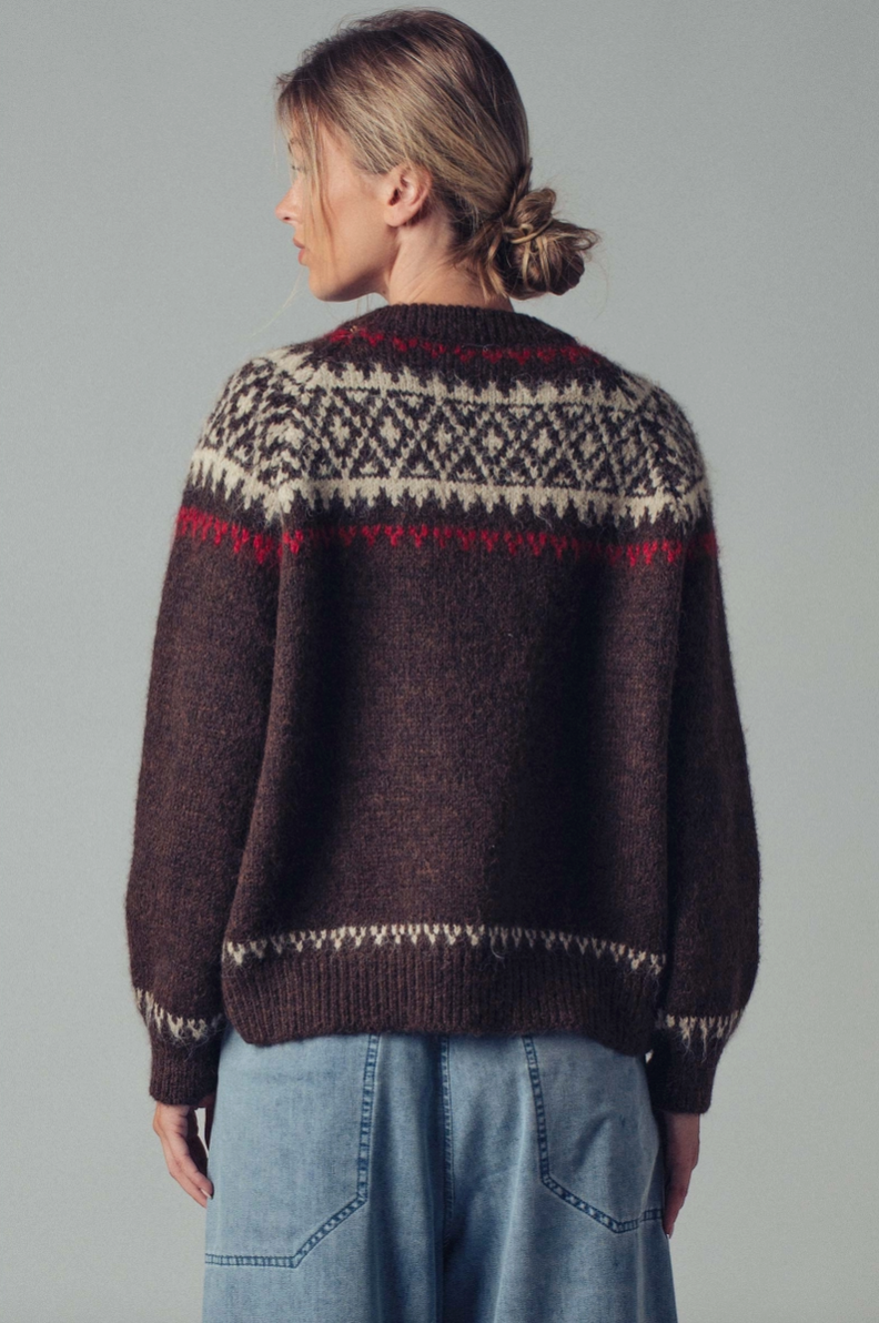 Fair Isle Nordic Toggle Sweater in Brown