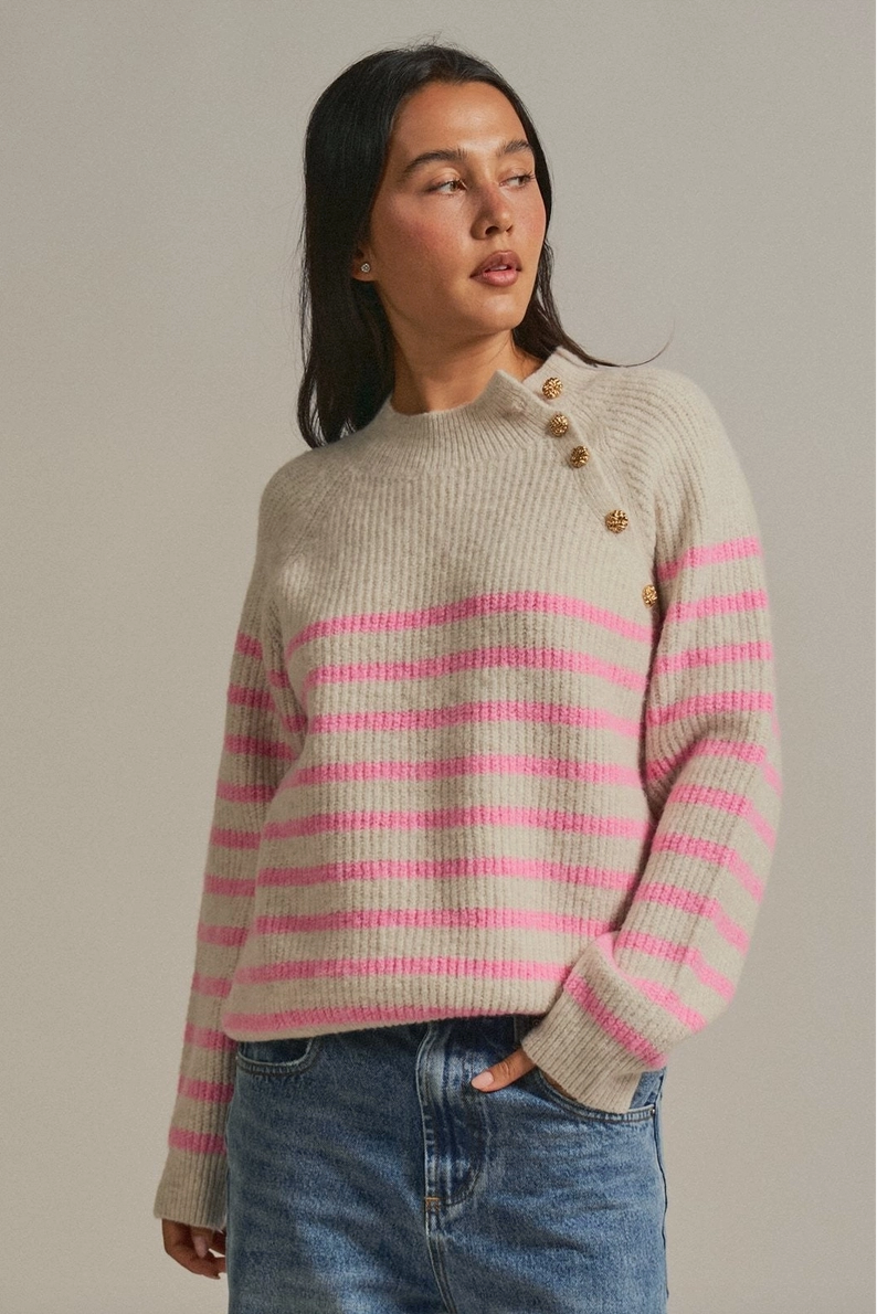 Striped Mock Sweater with Gold Buttons in Cream or Navy