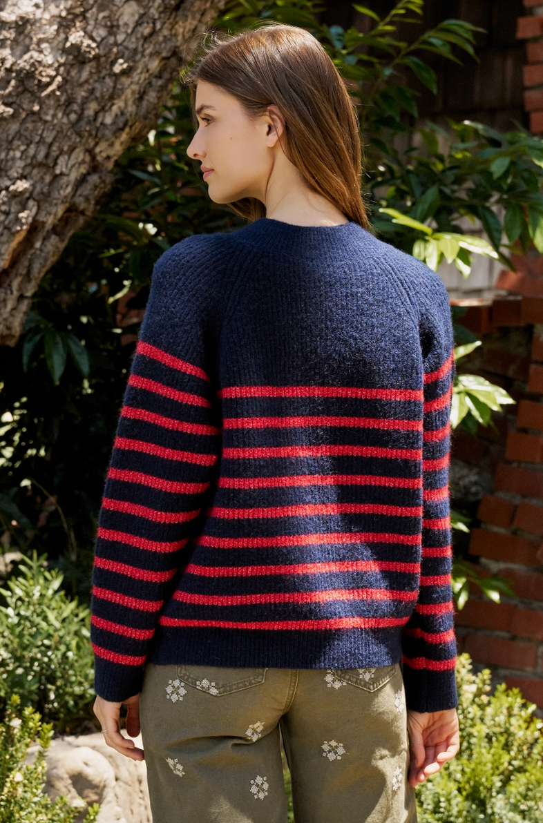 Striped Mock Sweater with Gold Buttons in Cream or Navy