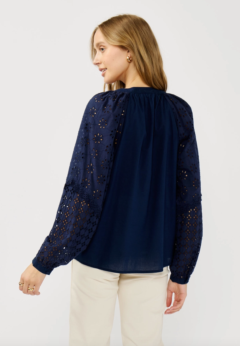 Eyelet Button Down Blouse in Navy