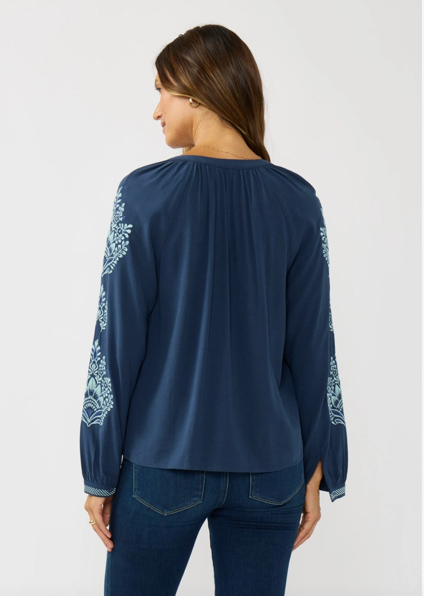 Embroidered Raglan Sleeve Top in Navy