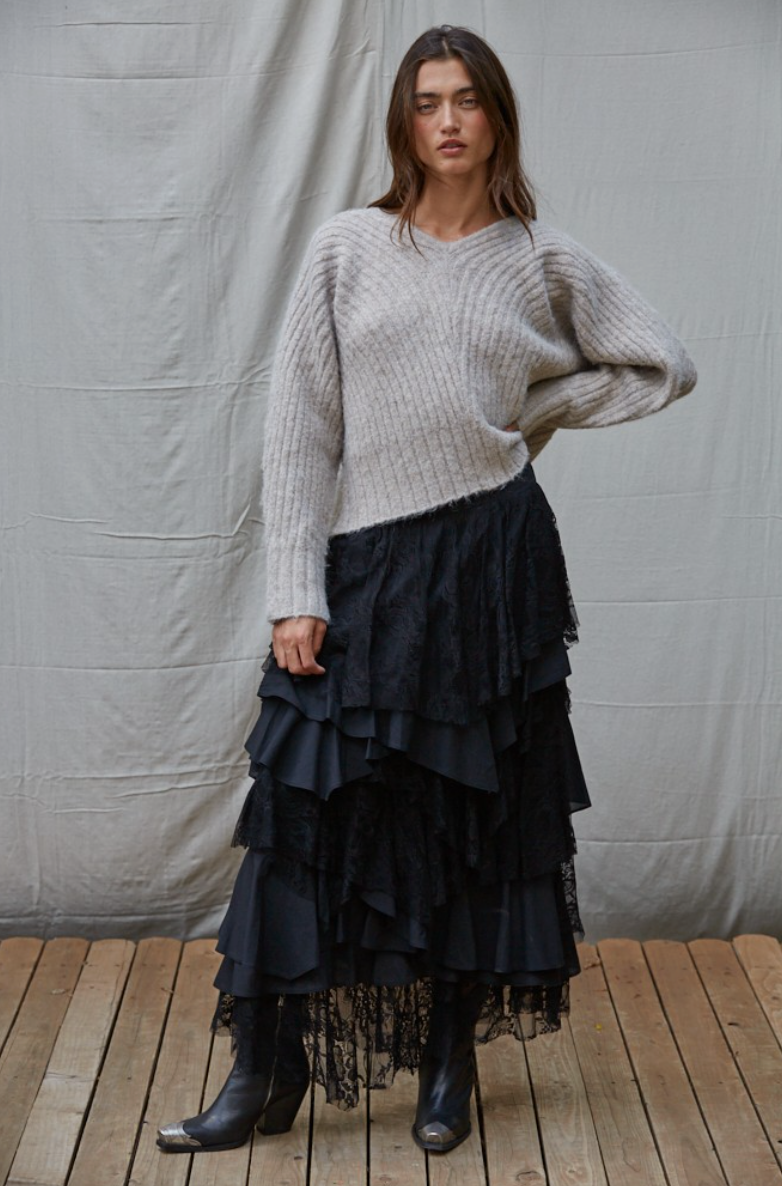 Knit Ribbed V Neck Sweater