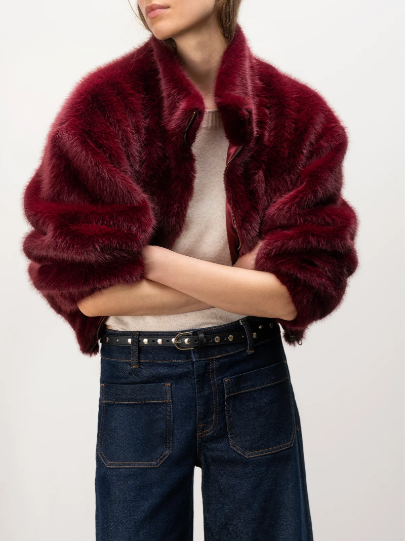 Everest Faux Fur Bomber in Bordeaux