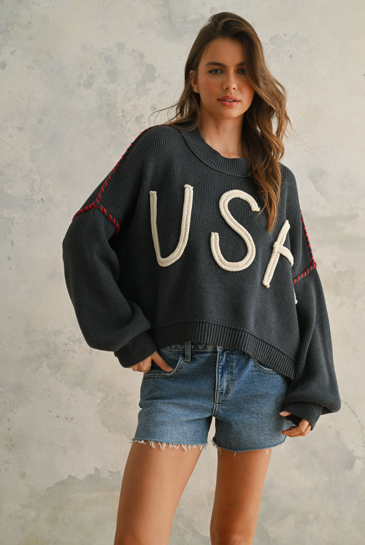USA Rope Letter Sweater in Navy