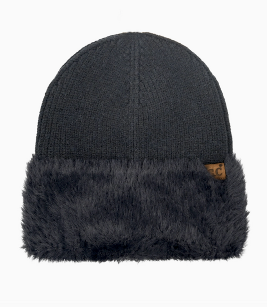 Knit Beanie Hat with Faux Fur (Black or Cream )