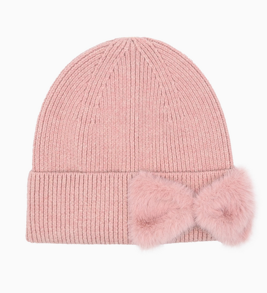 Knit Beanie with Faux Fur Bow in Rose